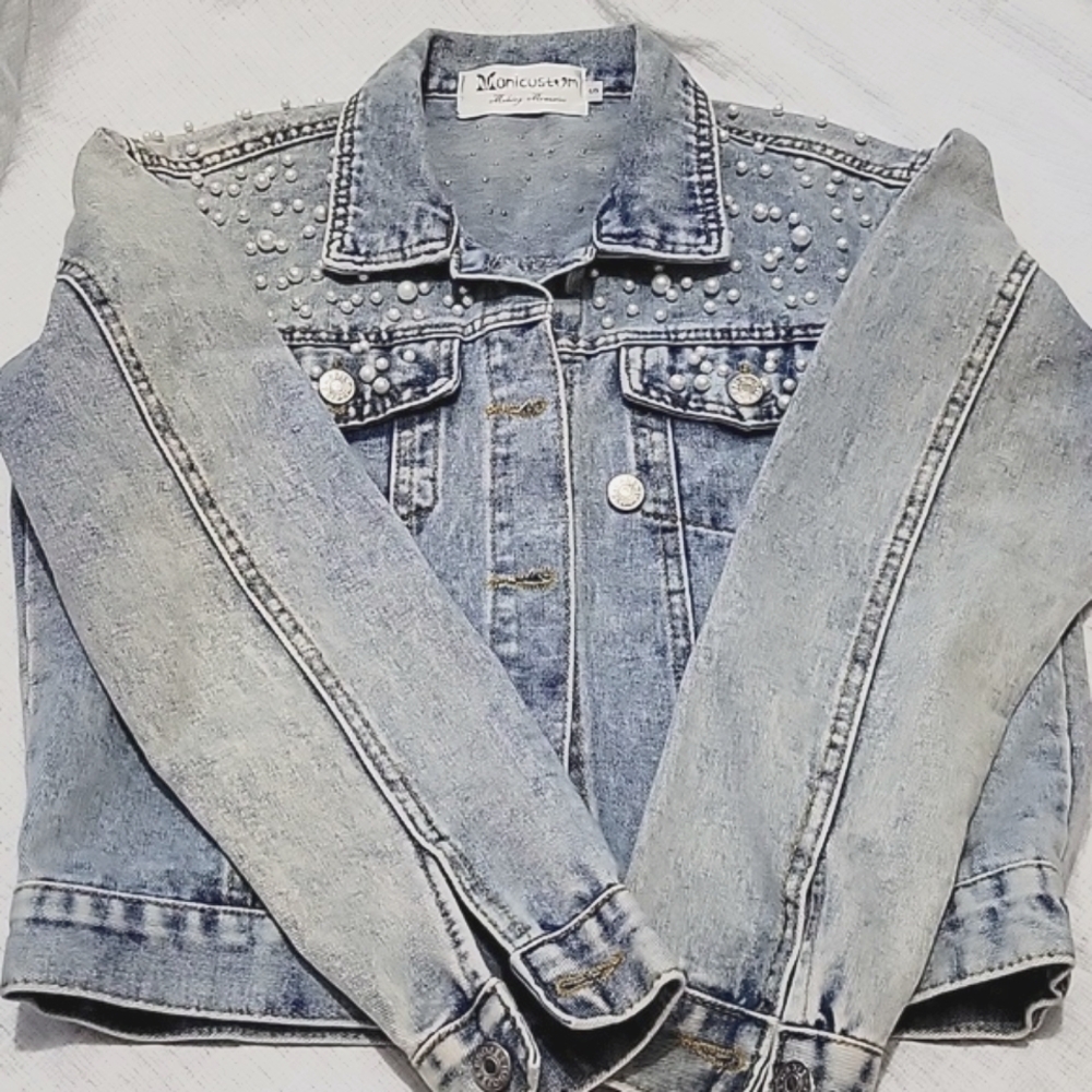 Monicustom Pearl Embellished Blue Denim Jacket Heather on Back Small - Picture 2 of 8